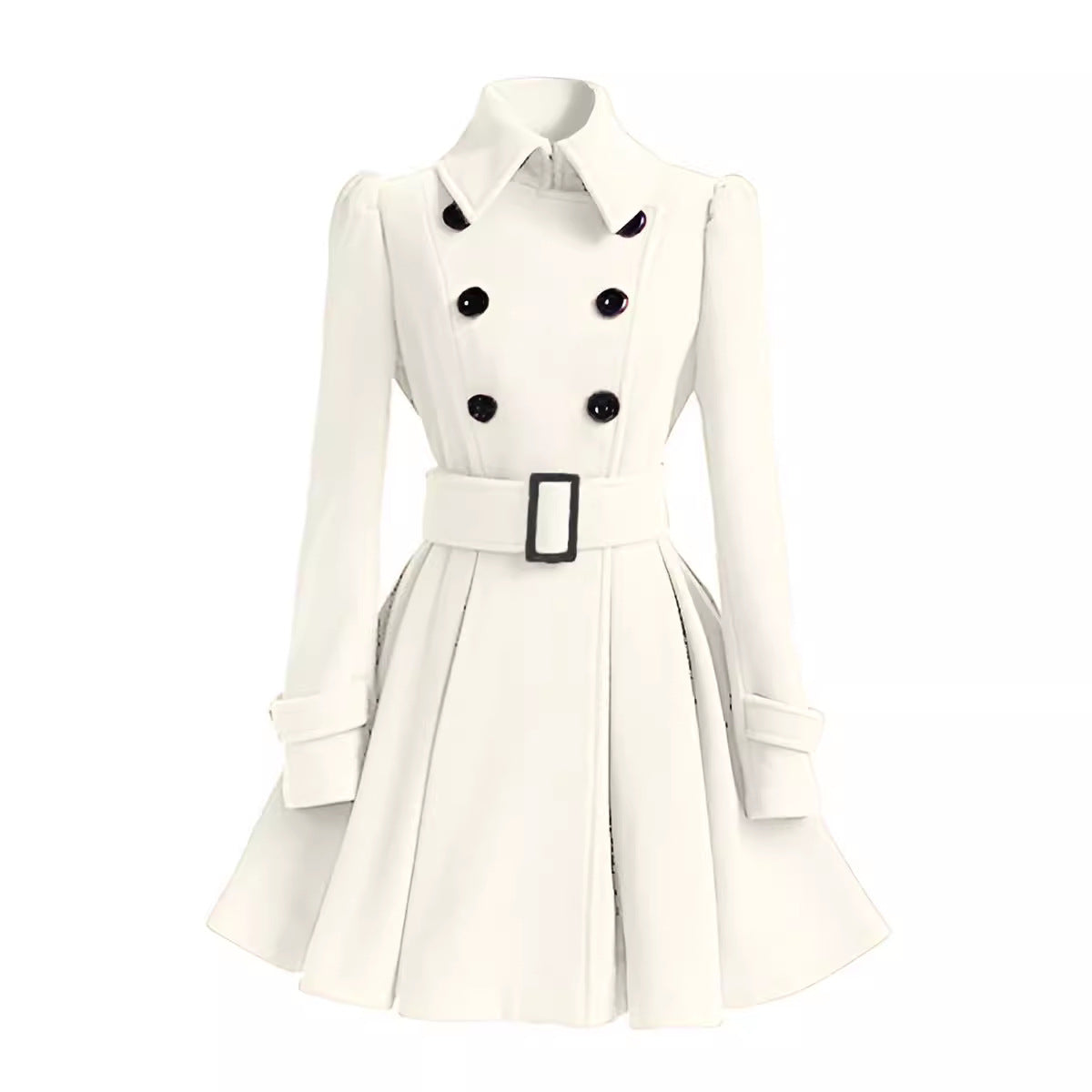 Women's Tailored Double-Breasted A-Line Coat with Tie Belt and Flared Skirt Chichicherry