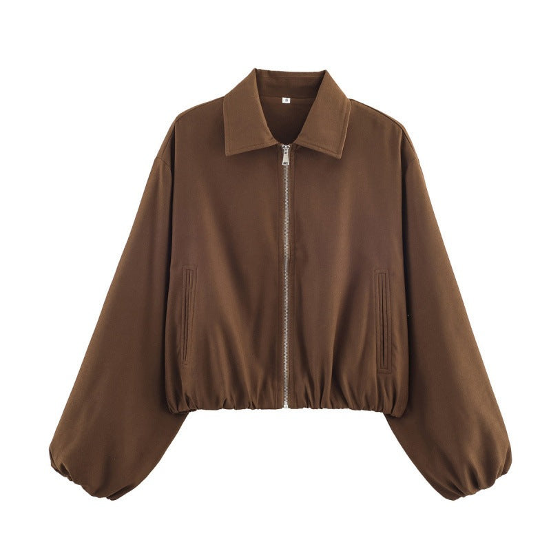 Women Polka Dot Cropped Bomber Jacket in Retro Look with Shirt Collar and Elastic Hem Chichicherry