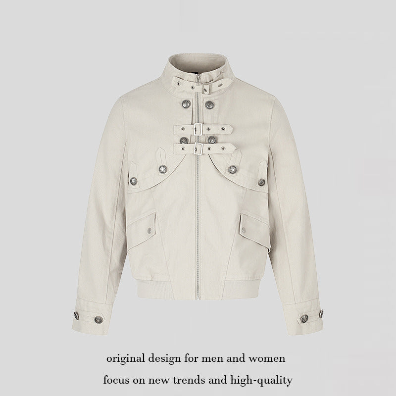 Women's short fitted bomber jacket with stand-up collar, decorative buckles, and flap pockets Chichicherry