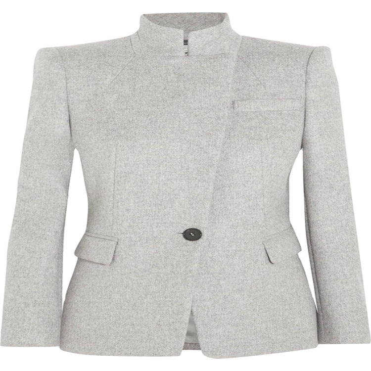 Women Tailored Wool Blend Blazer with Stand Collar, Structured Shoulder and Flap Pockets Chichicherry