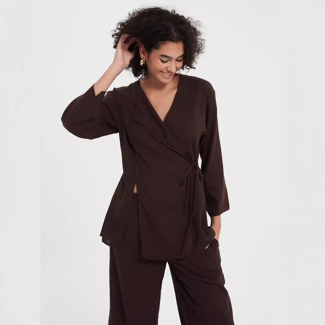 Women's two-piece wrap set made of flowing viscose blend with wide palazzo pants leg Chichicherry