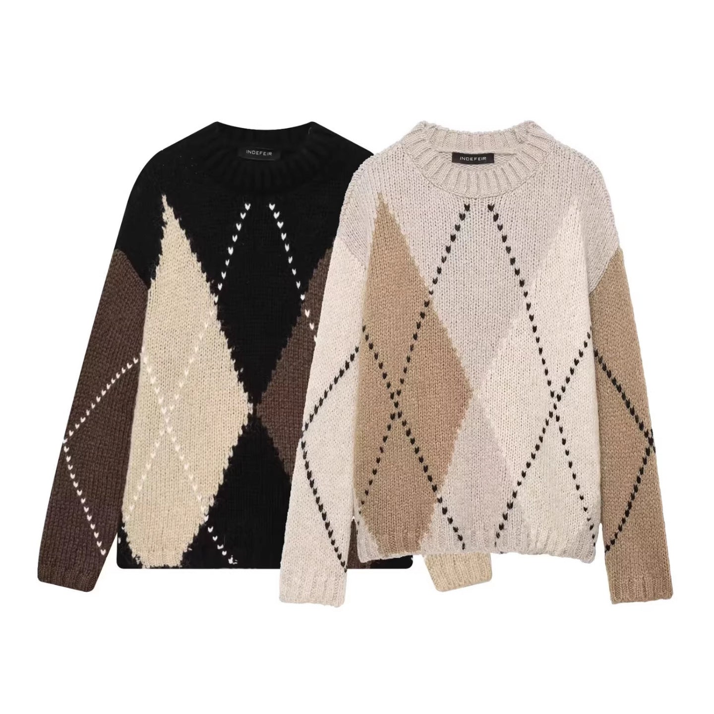 Women Chunky Knit Argyle Sweater with Oversized Cut and Ribbed Collar Chichicherry