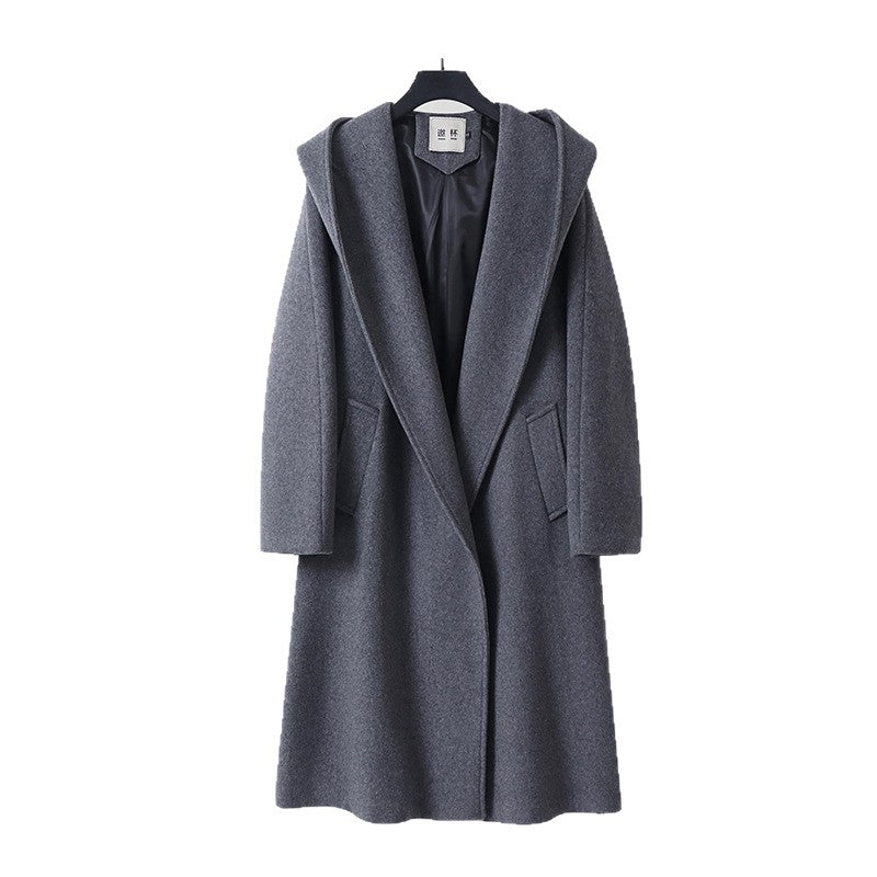 Women's Maxi Length Hooded Coat made of Wool Blend with Tying Belt and Soft Lining Chichicherry