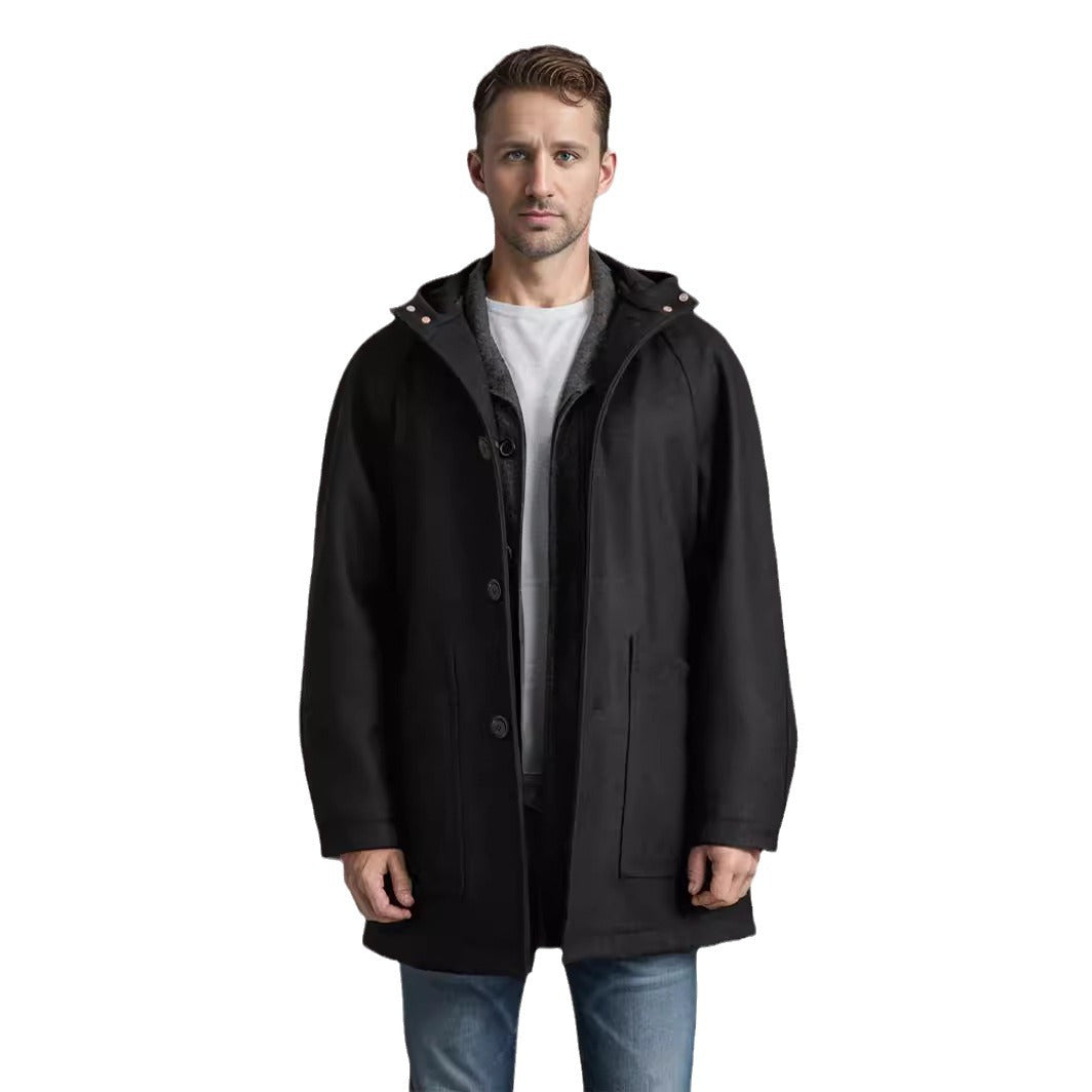Men's hooded coat made of wool blend with straight silhouette, concealed button placket and large patch pockets Chichicherry
