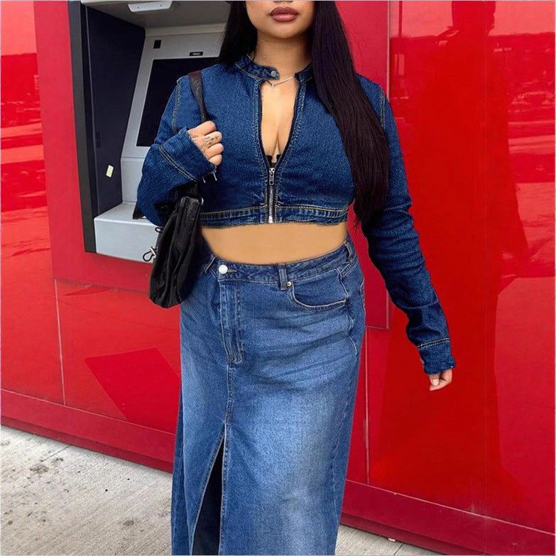 Women's Cropped Denim Hoodie with Zipper and High-Waist Midi Skirt with Front Slit Chichicherry