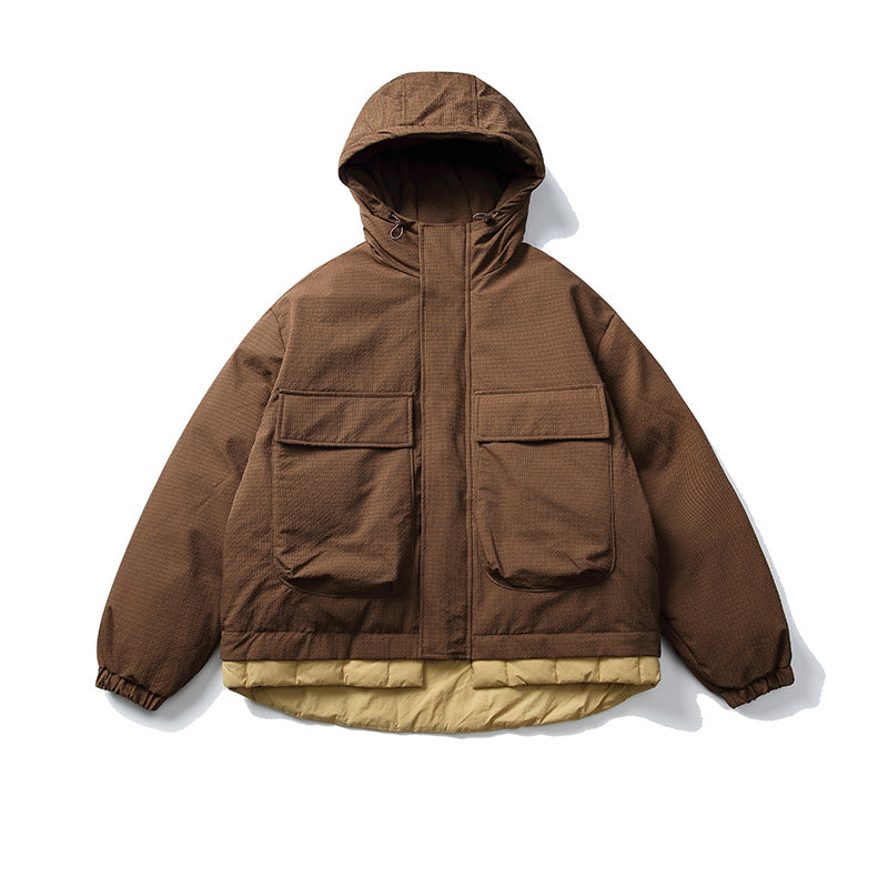 Unisex Short cut padded hoodie jacket in material mix with patch pockets Chichicherry