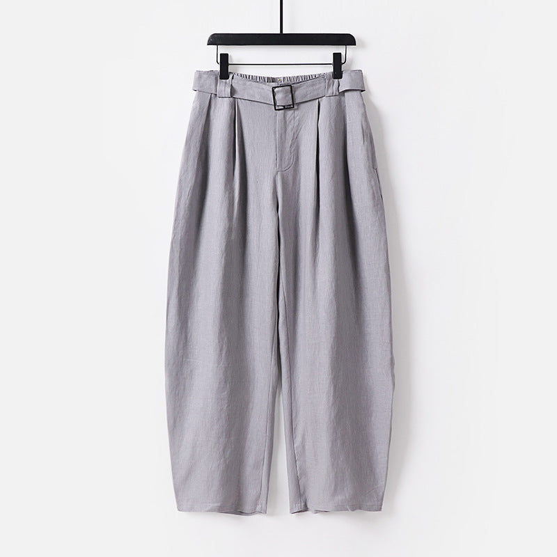 Women High-waisted wide linen blend pants with pleats and fabric belt Chichicherry