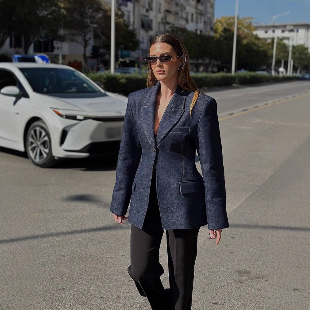 Women tailored jeans blazer with curved lapel Chichicherry