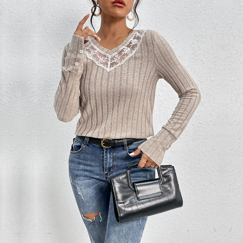 Women's Ribbed Fine Knit Long Sleeve with V-Neck and Lace Yoke Chichicherry