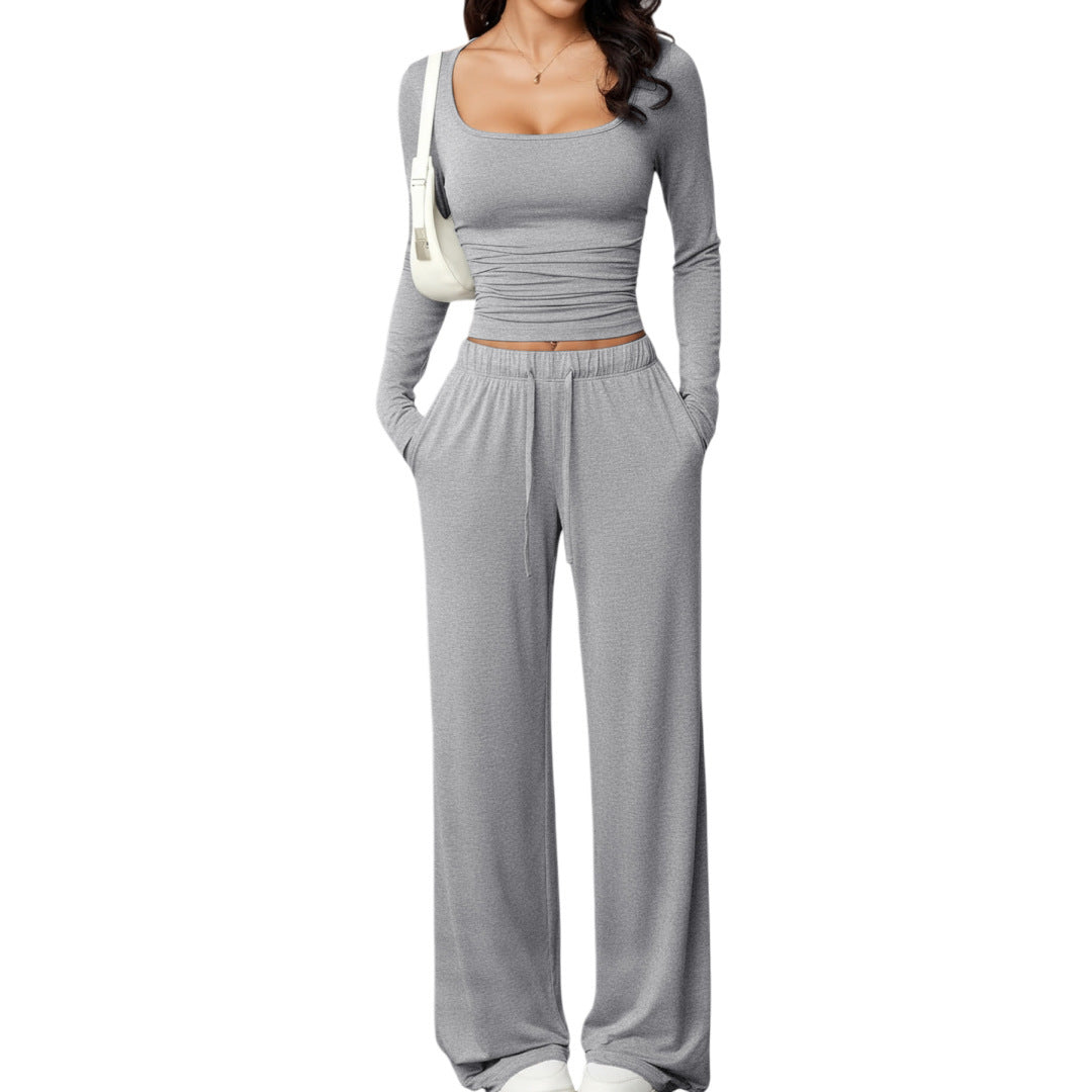 Women's Two-Piece Relax Set with Fitted Long Sleeve Crop Top and Loose Jersey Pants Chichicherry