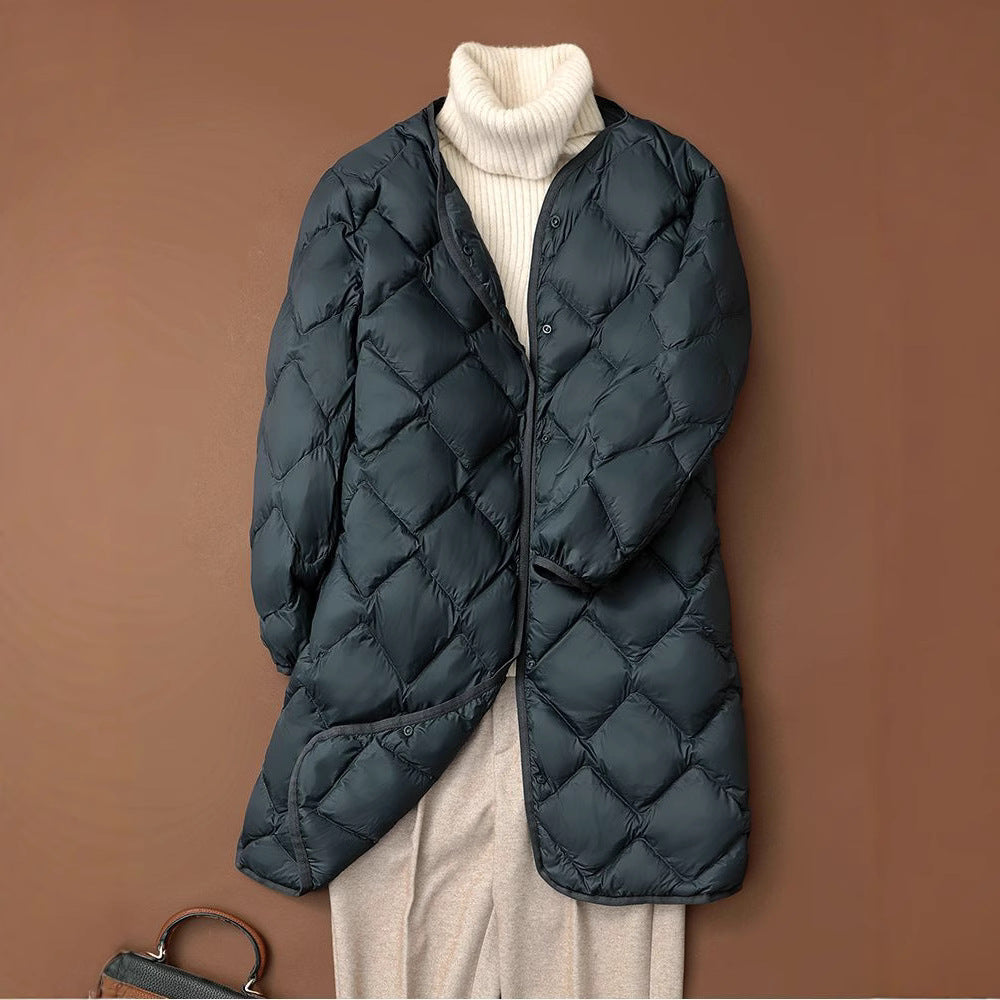 Women's Elegant Long Coat in Quilted Down Look with Diamond Quilting and Concealed Snap Button Placket Chichicherry