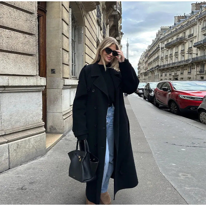 Women long oversized wool coat with wide lapels and belt Chichicherry