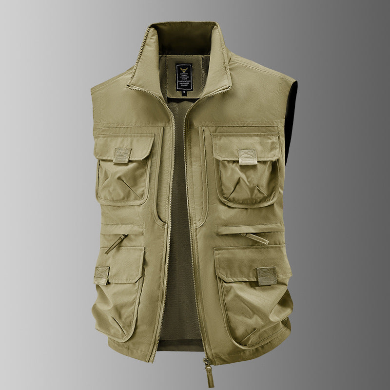 Men's Multi-Pocket Utility Vest with High Collar Two-Way Zipper & Mesh Lining Chichicherry