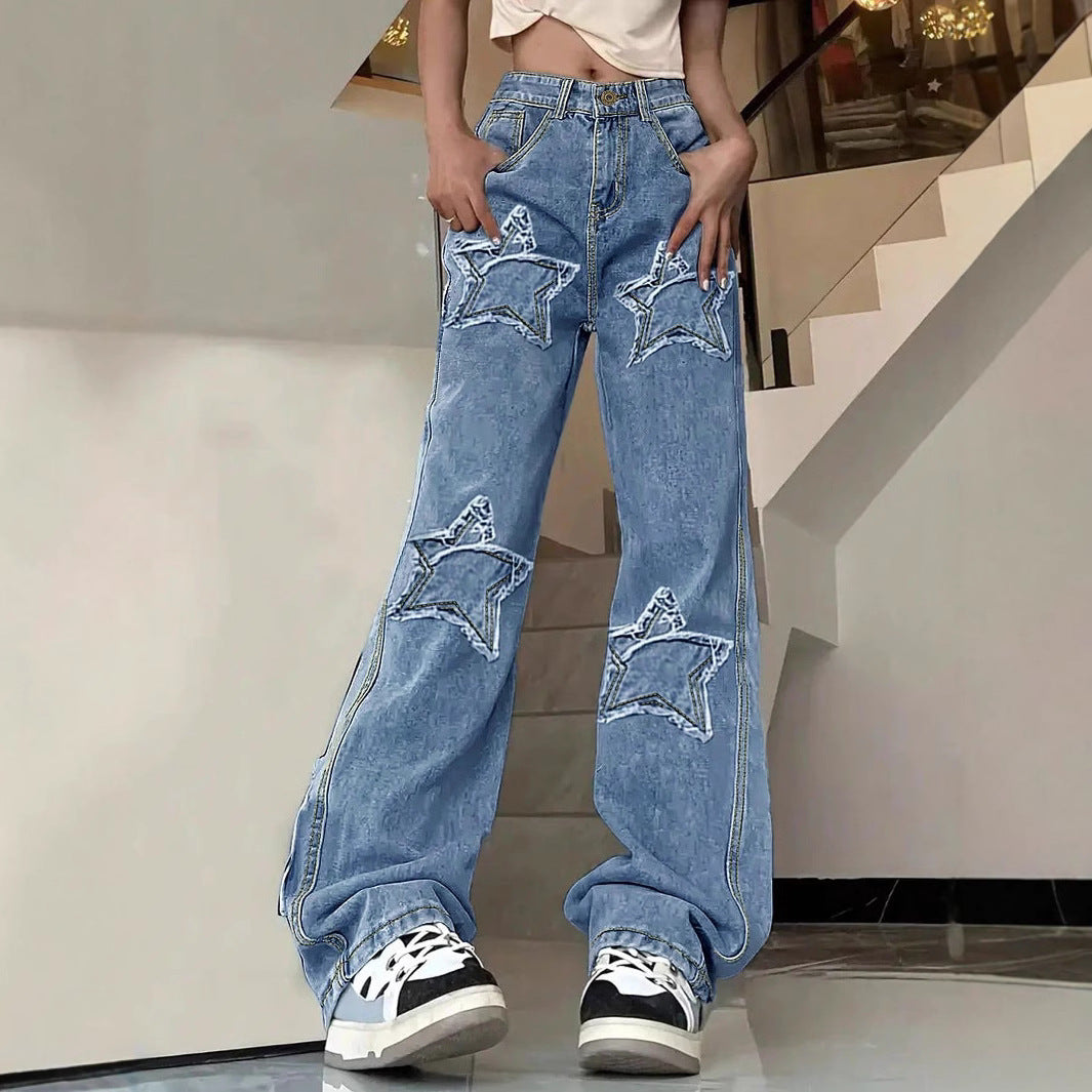 Women's extra-wide baggy jeans made of lightweight denim with star appliqués and extended silhouette Chichicherry