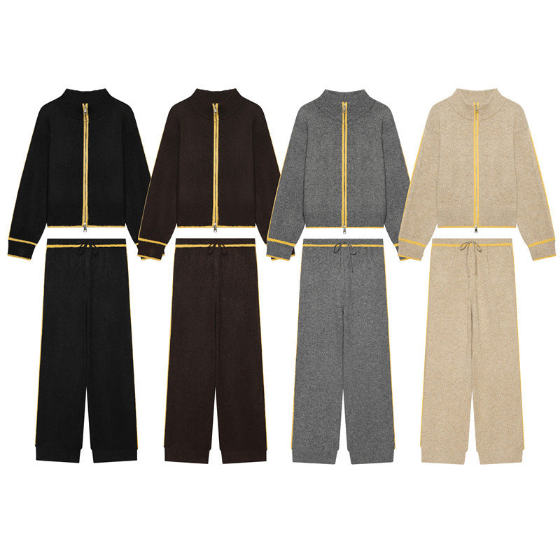 Women Two-Piece Knit Loungewear Set with Short Zip Cardigan and High Waist Palazzo Pants Chichicherry