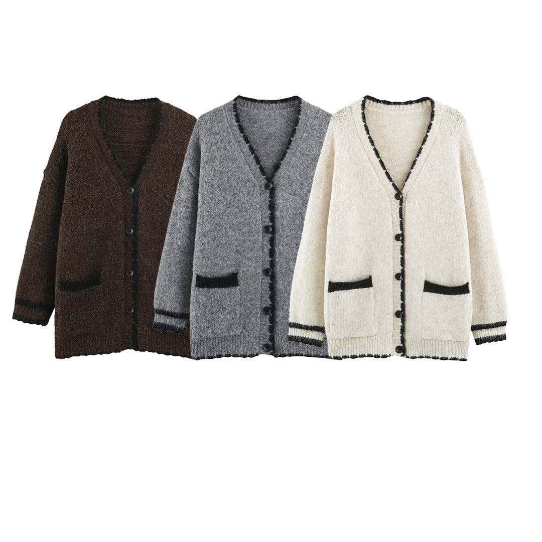 Women's Oversize Knit Cardigan with V-Neck, Button Placket and Contrasting Decorative Edges Chichicherry