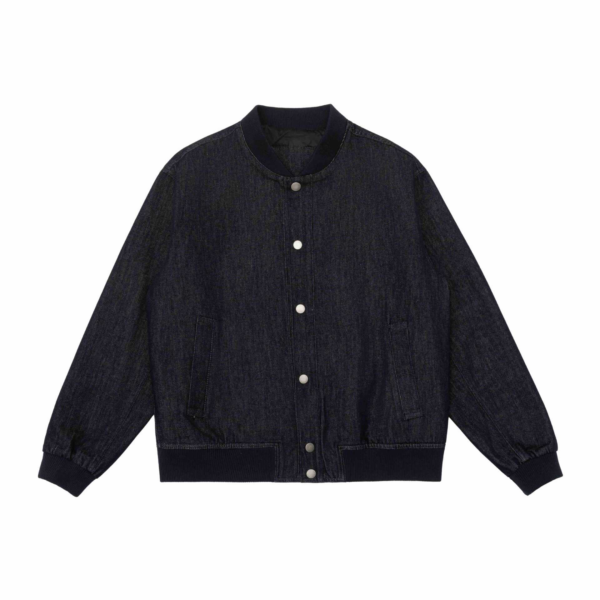 Unisex Boxy Jeans Bomber Jacket with Ribbed Collar, Snap Button Placket and Patch Pockets Chichicherry
