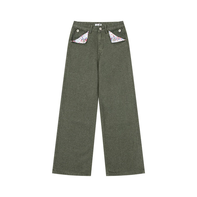 Women Loose High-Waist Jeans in Palazzo Cut with Decorative Stitching and Floral Pocket Lining Chichicherry
