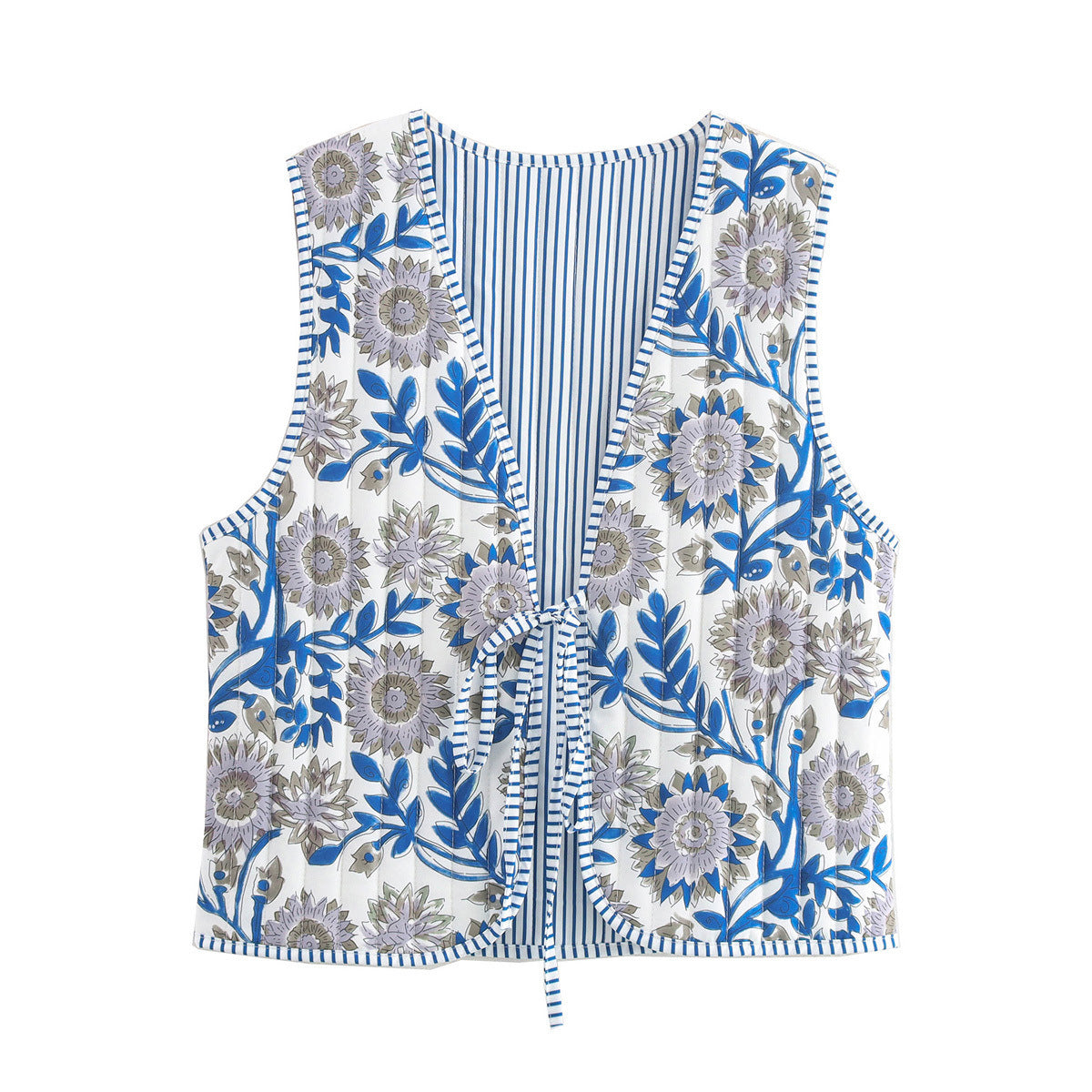 Ladies Quilted Waistcoat with Toile Print, Striped Lining and Drawstring Chichicherry