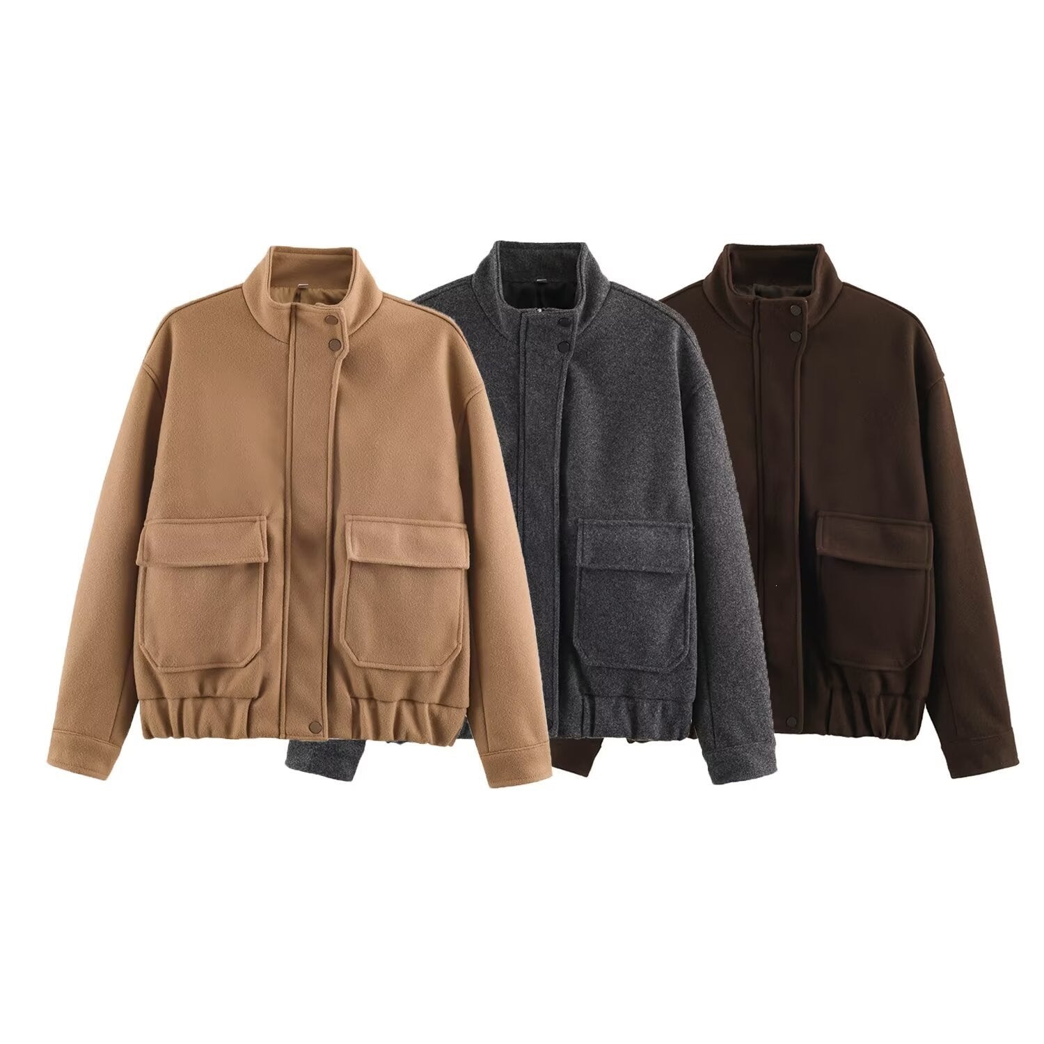 Ladies Boxy Wool Blend Blouson Jacket with Stand-Up Collar, Large Flap Pockets and Elastic Hem Chichicherry