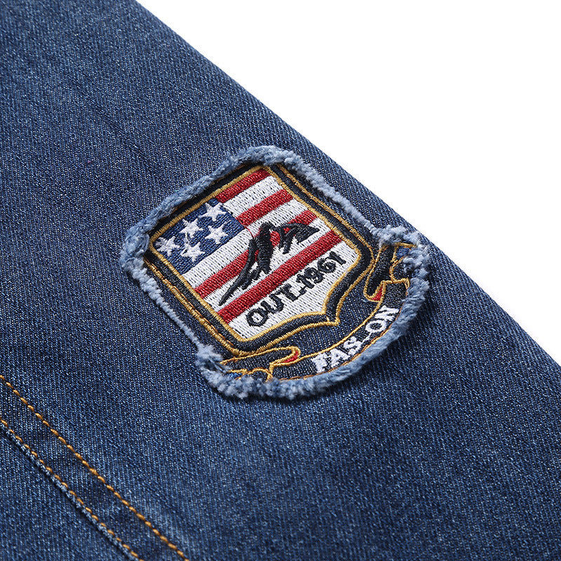Men's lightweight denim jacket in worker blouson style with breathable mesh lining and sleeve patch Chichicherry
