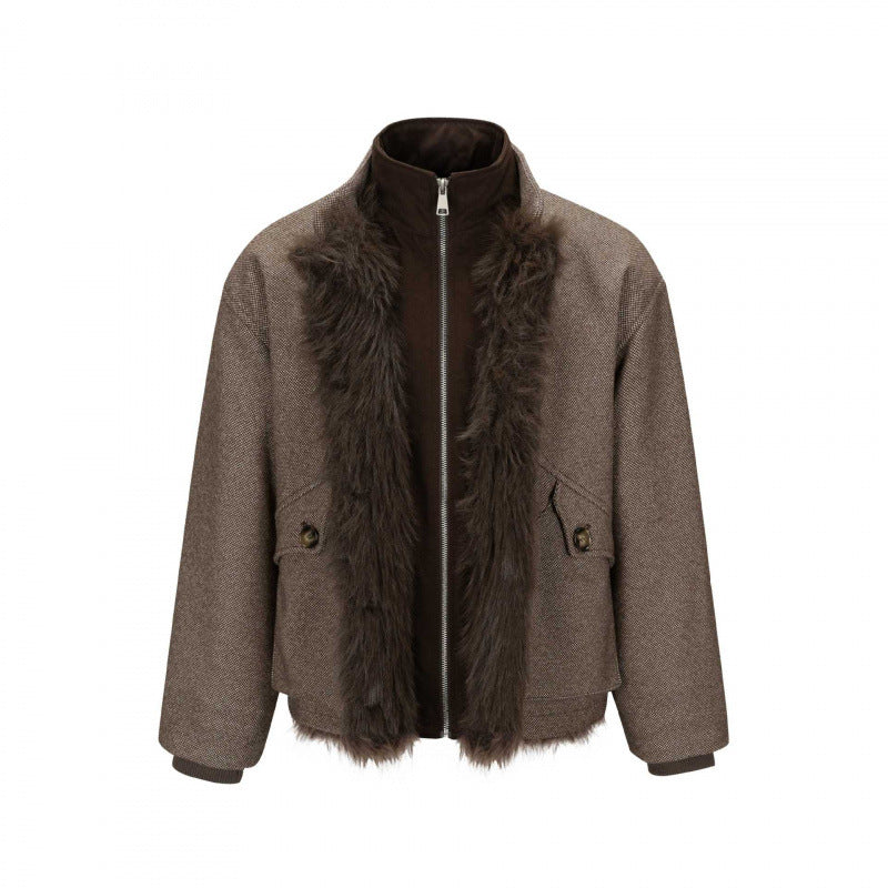 Women's Short Boxy Jacket with Teddy Lining, Stand Collar and Flap Pockets Chichicherry