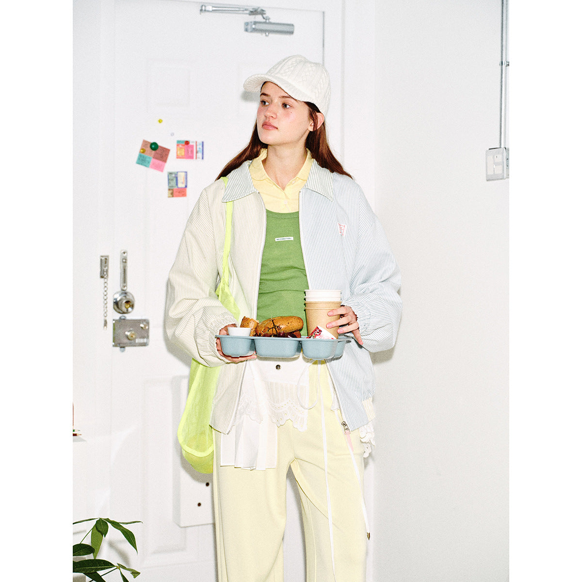 Unisex Striped Pastel Corduroy Jacket in Boxy Cut with Shirt Collar and Elastic Cuff Chichicherry