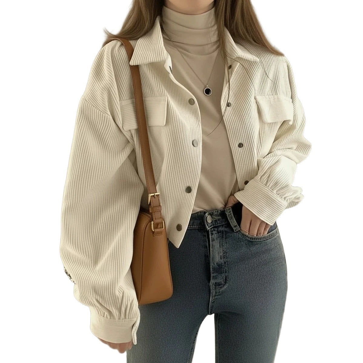 Women’s cropped overshirt jacket made of fine corduroy with snap buttons, chest flaps, and voluminous sleeves Chichicherry