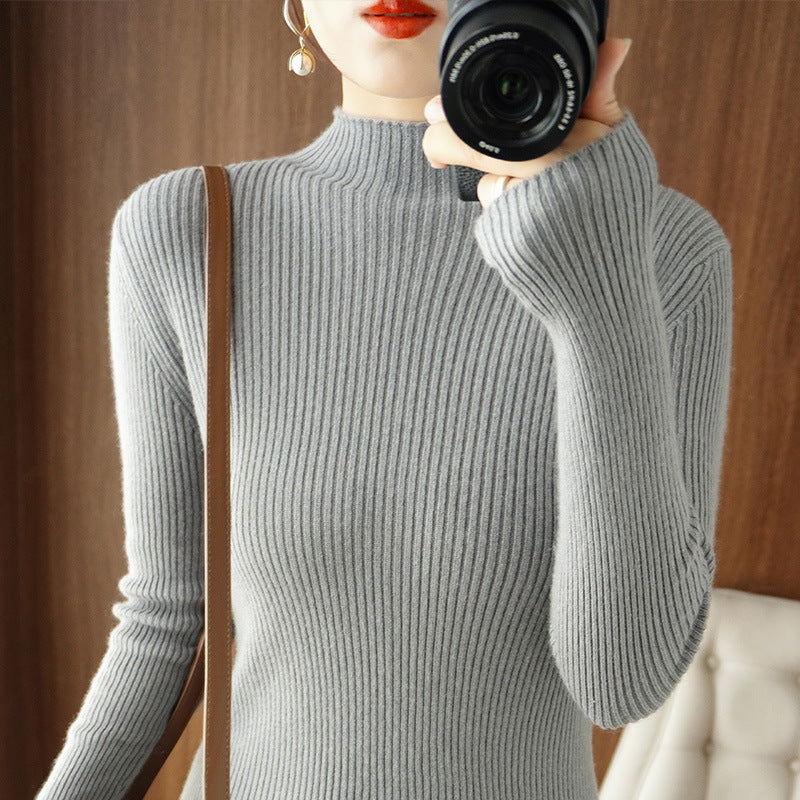 Women's Body-Hugging Ribbed Knit Turtleneck Sweater with Stretch Effect Chichicherry