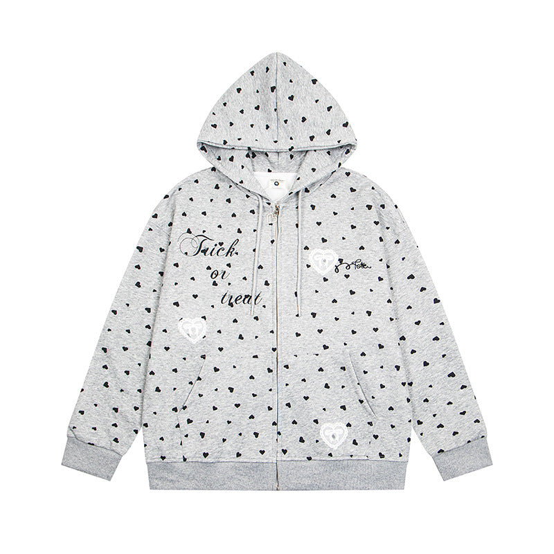 Women's hoodie sweat jacket with full-length zipper, all-over heart print and statement embroidery Chichicherry