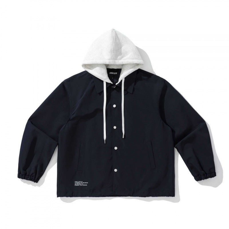 Unisex Two-Layer Overshirt Jacket with Attached Fleece Hood and Snap Button Placket Chichicherry