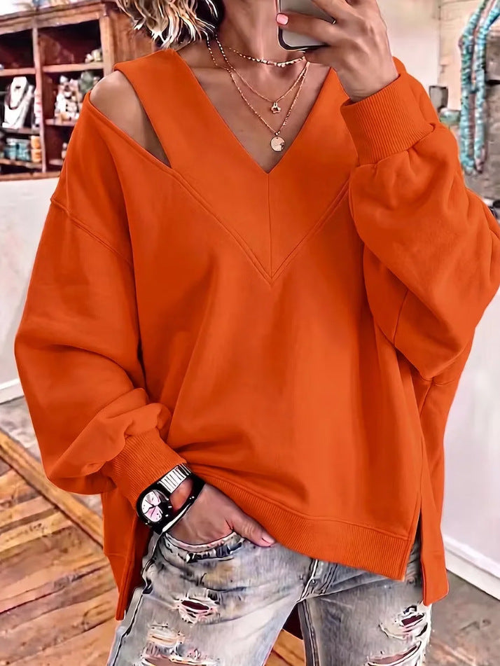 Women's Oversize Sweatshirt with V-Neck and Cut-Out Shoulder Chichicherry