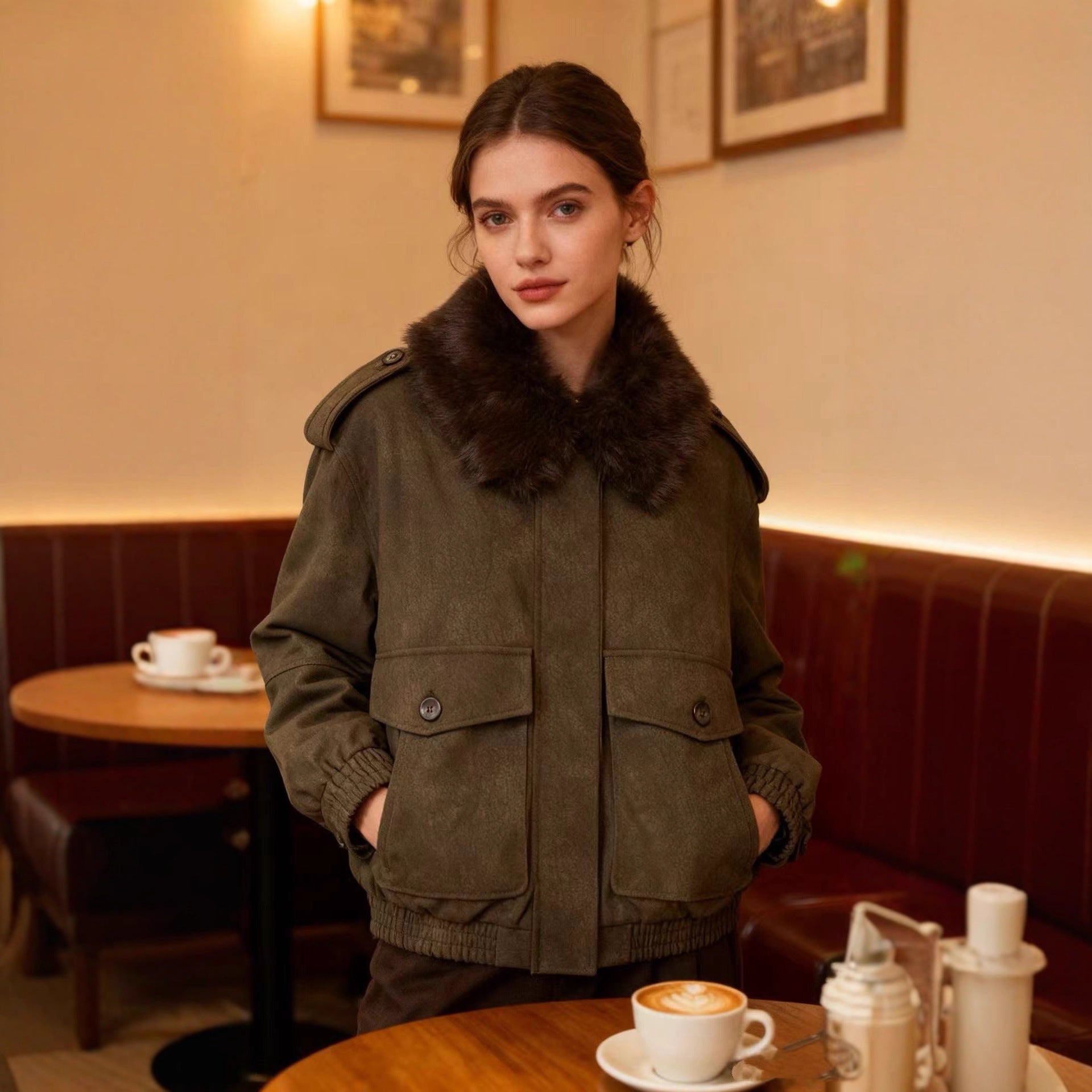 Women’s short jacket in suede look with removable fur collar and flap pockets Chichicherry
