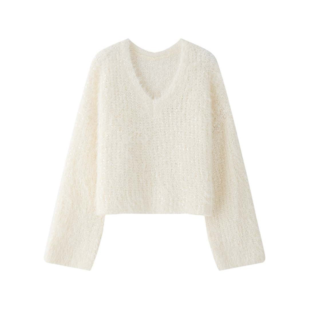 Women Fluffy Mohair-Look V-Neck Sweater with Glitter Threads Chichicherry