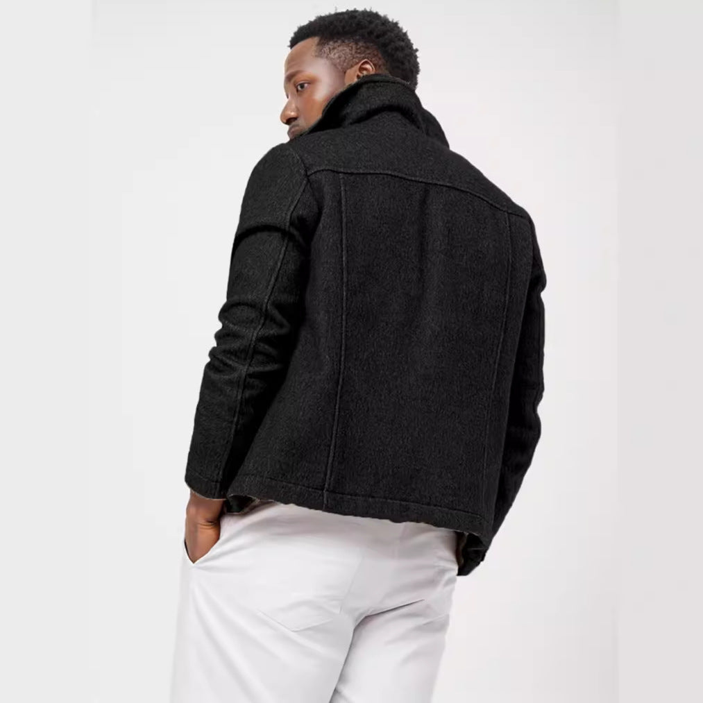 Men's Boucle Work Jacket with Shirt Collar, Chest Flap Pockets and Metal Buttons Chichicherry