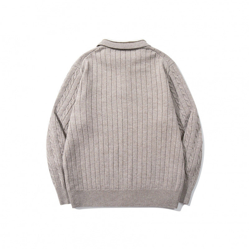 Men's Chunky Knitted Polo Collar Sweater with Cable Pattern and Button Placket Chichicherry