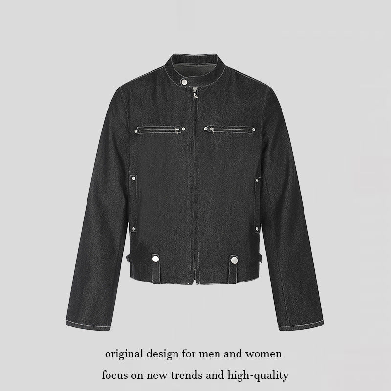 Women's short denim biker jacket with stand-up collar, zipper and snap button details Chichicherry
