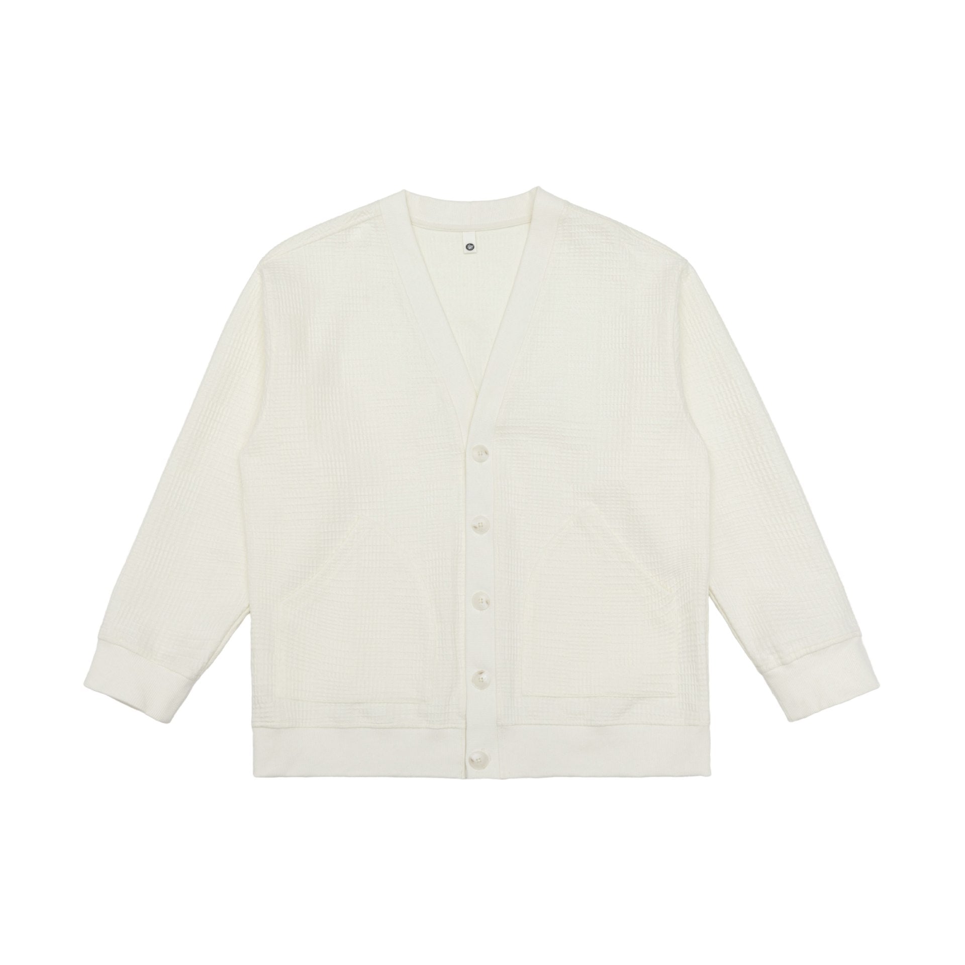 Unisex Waffle Structure Cardigan with V-Neck, Button Placket and Patch Pockets Chichicherry