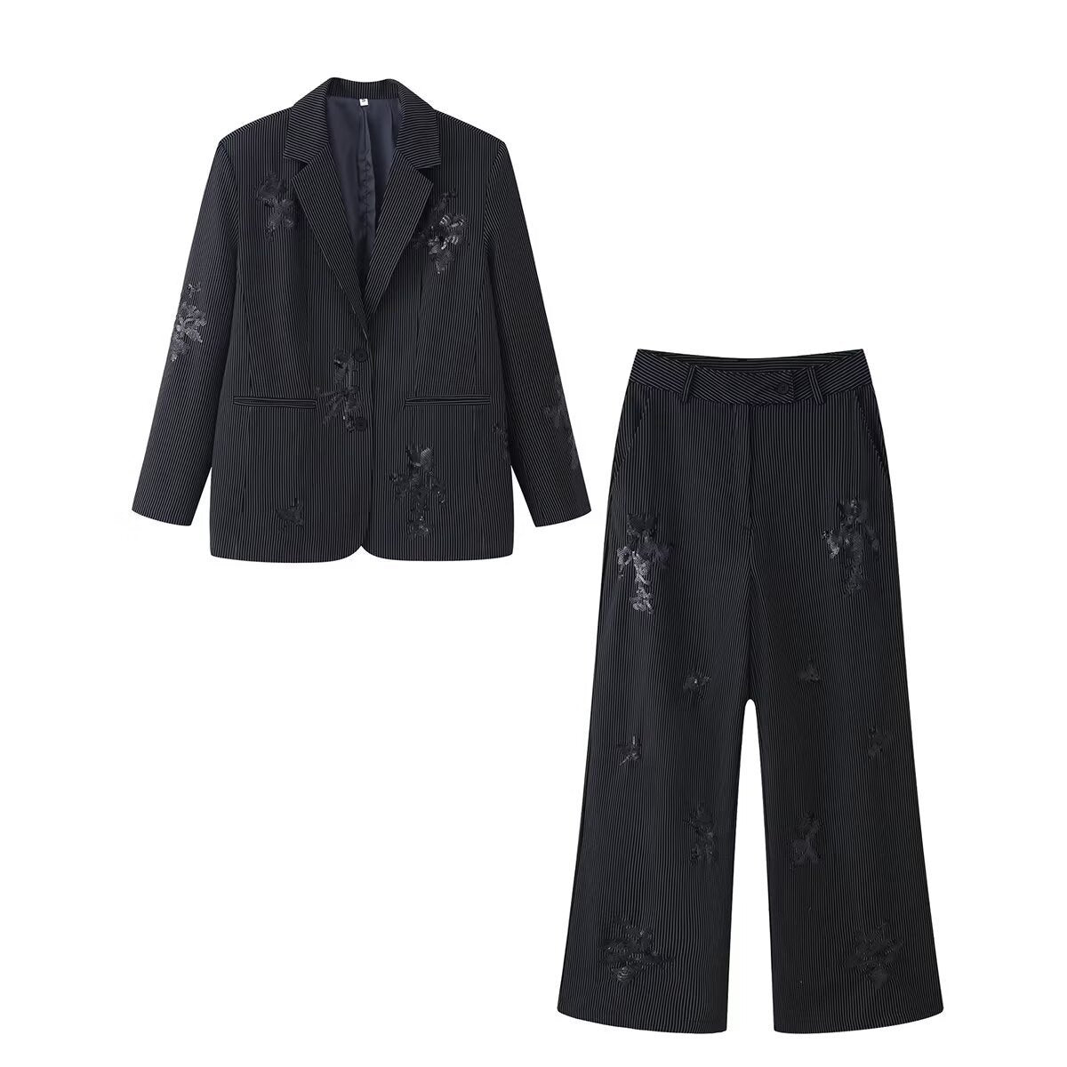 Women's High-Waisted Wide Marlene Trousers with Pinstripes and Sequin Embroidery Chichicherry