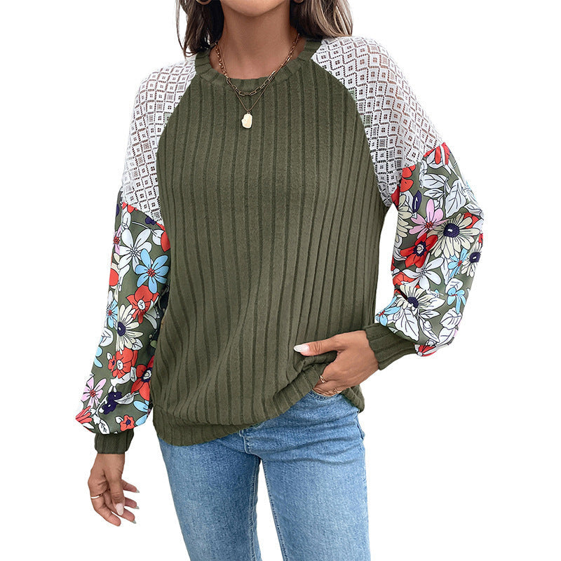 Women's Ribbed Sweater with Crochet Shoulder Inserts and Floral Balloon Sleeves Chichicherry