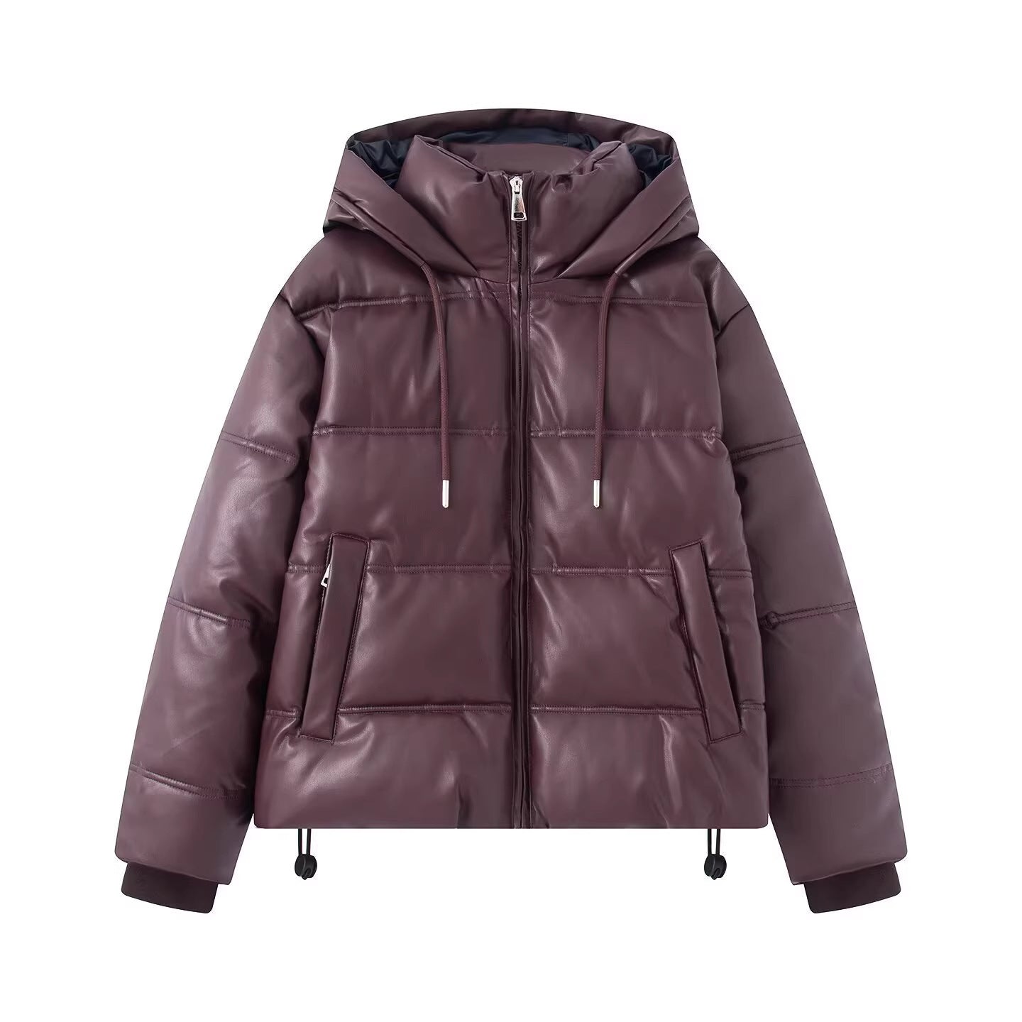 Women's Short Quilted Faux Leather Puffer Jacket with Hood, Drawstring and Side Pockets Chichicherry