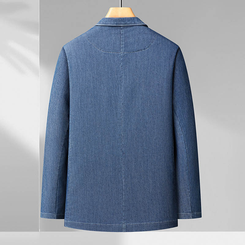 Men's Jeans Blazer in Casual-Elegant Style with Lapel Collar and Patch Pockets Chichicherry