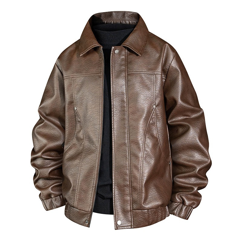 Men's faux leather bomber jacket with shirt collar, elastic waistband, and concealed zipper Chichicherry