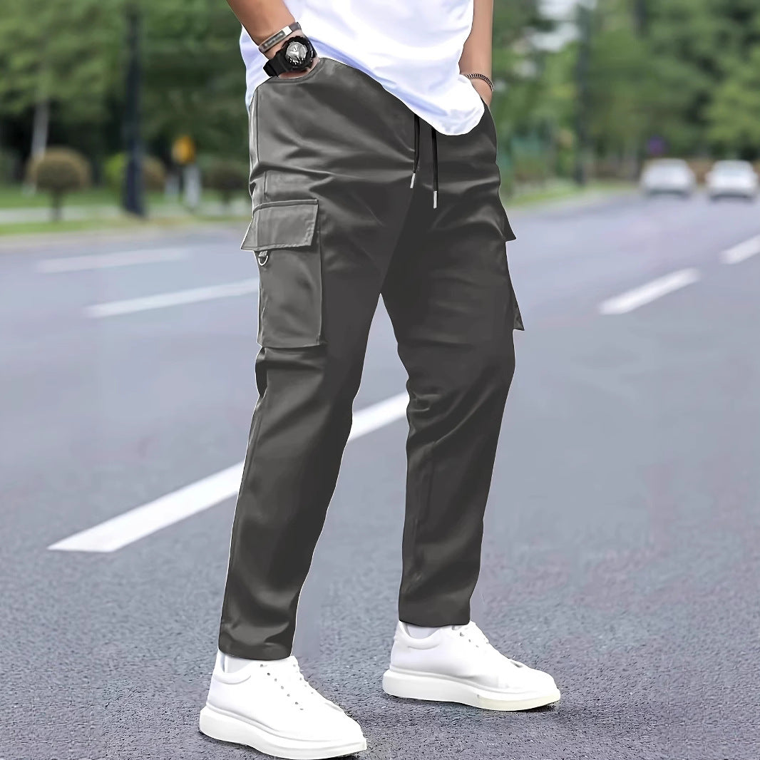Men's Slim-Tapered Cargo Jogging Pants with Drawstring Waist, Flap Pockets and Metal Ring Detail Chichicherry