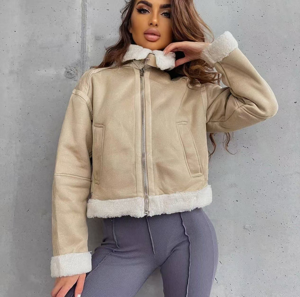 Women's High-Cut Pilot Jacket made of Vegan Leather Look with Teddy Lining and Zipper Chichicherry