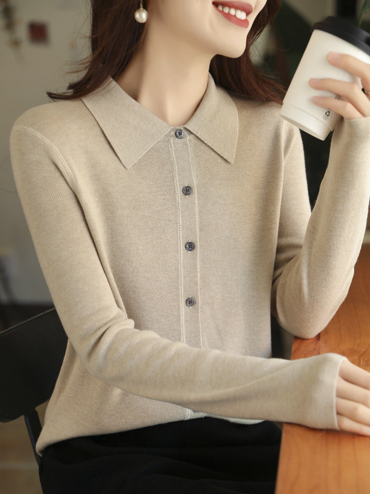 Women's Light Fine Knit Cardigan with Polo Collar and Full Button Placket Chichicherry
