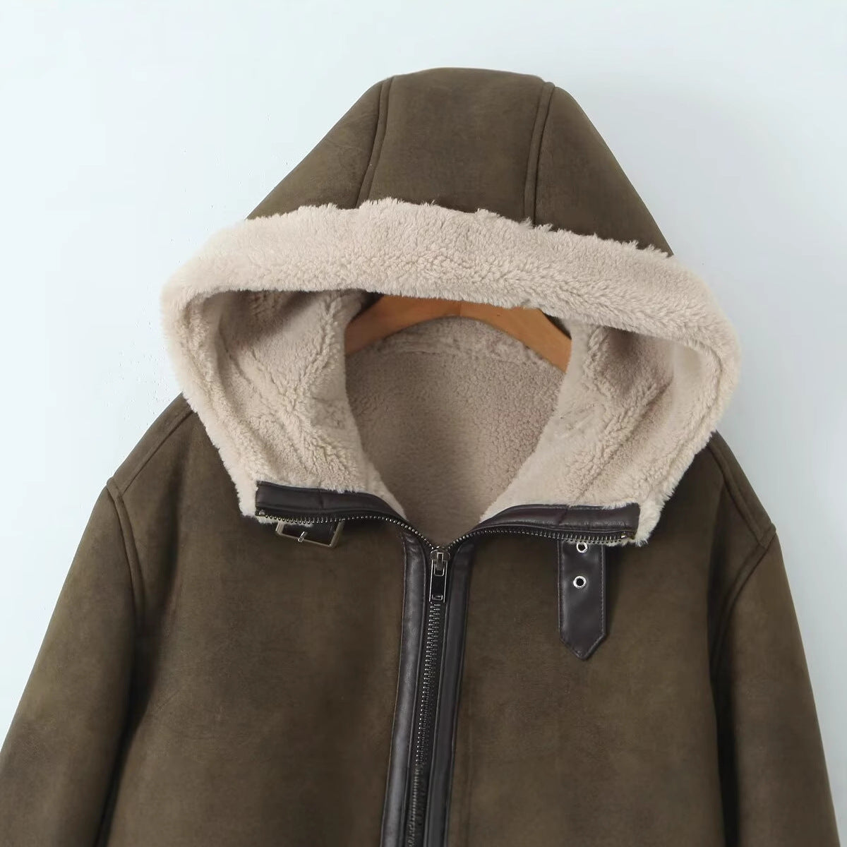 Women's Hooded Lambskin Imitation Bomber Jacket with Teddy Lining and Zip Chichicherry