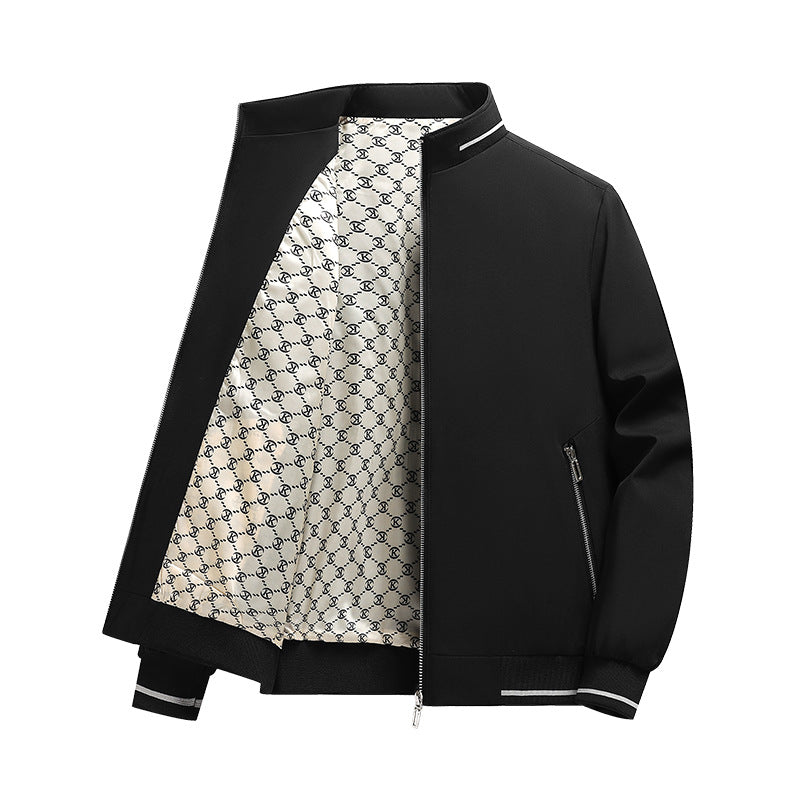 Men's Lightweight Bomber Jacket with Stand Collar, Zipper & Patterned Satin Lining Chichicherry