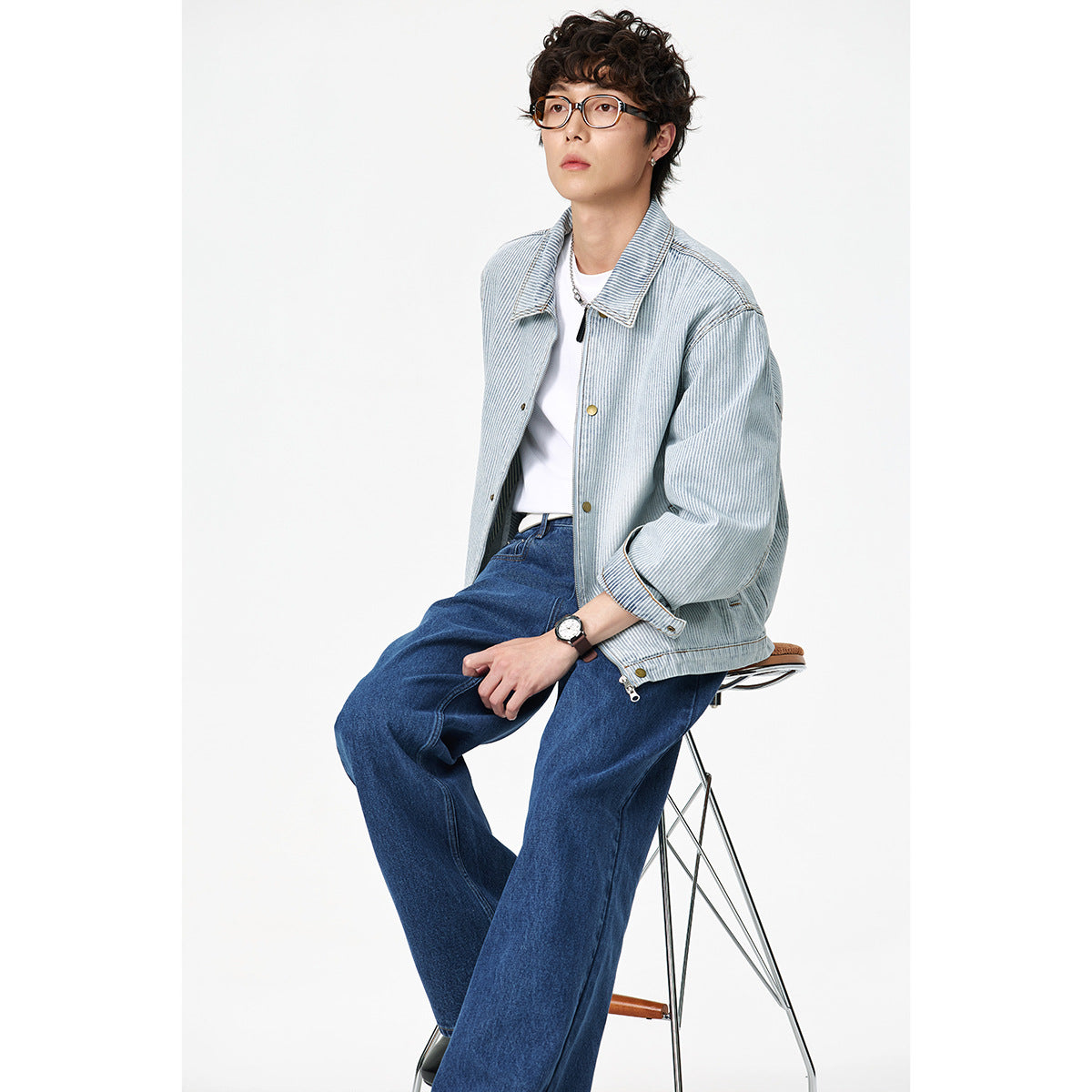 Unisex Striped Oversized Denim Jacket in Worker Style with Stand-Up Collar and Two-Way Zip Chichicherry