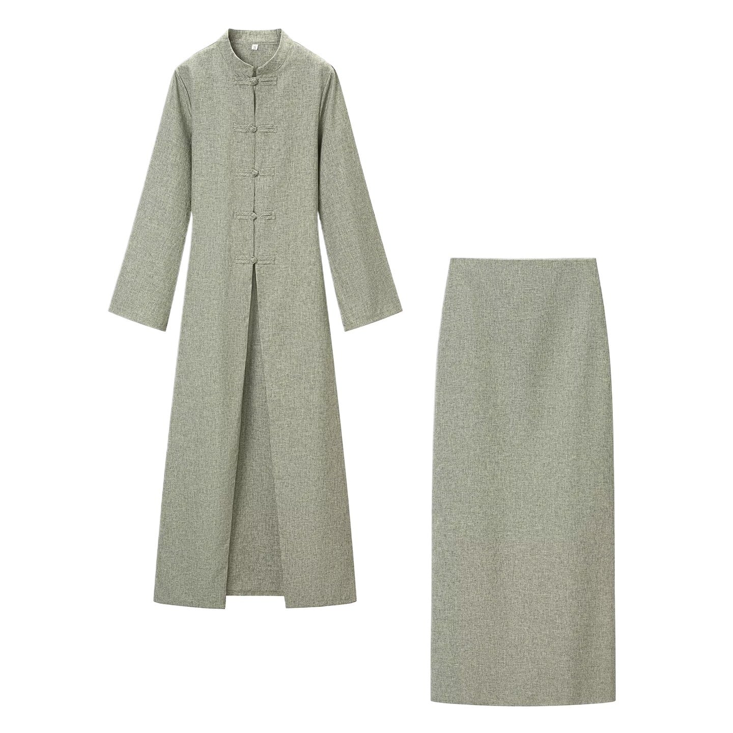 Women's Long Sleeve Maxi Dress with Stand Collar Toggle Button Closure and Front Slit Chichicherry